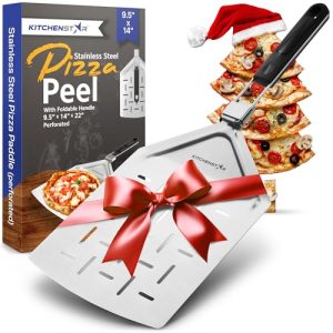 5 👉 KitchenStar Perforated Stainless Steel Pizza Peel with Folding Handle (9.5 x 14 Inches) for Oven Pizza Turning, Placement and Retrieving - Professional Baking Tools Series